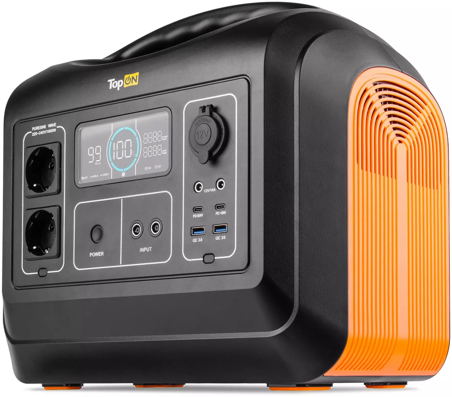 Обзор портативной электростанции TopON TOP-X1800: мощность, надежность и универсальность в стильном черно-оранжевом корпусе для любых задач.